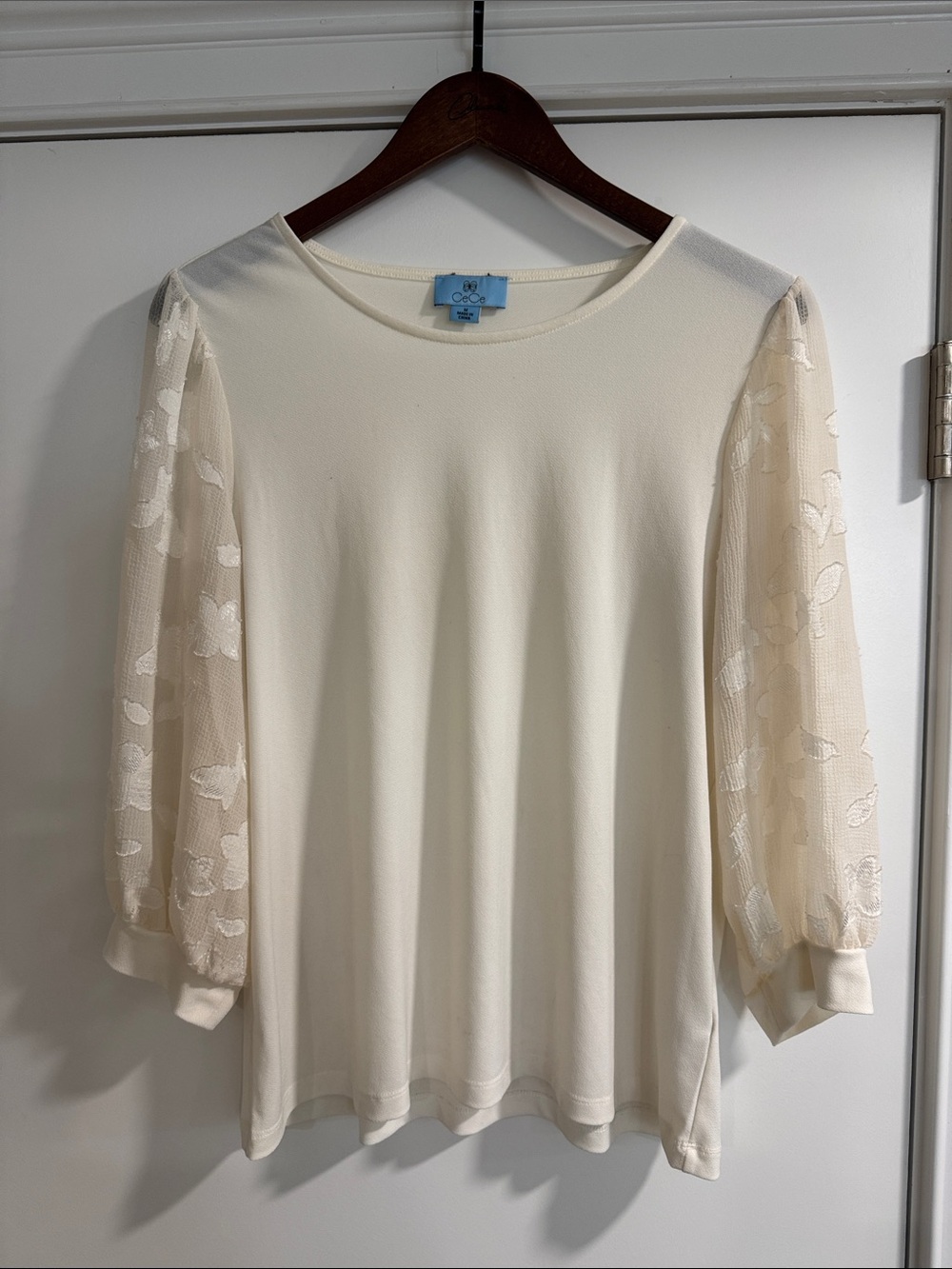 CeCe Ivory Knit Top with Sheer Floral Mesh Sleeves